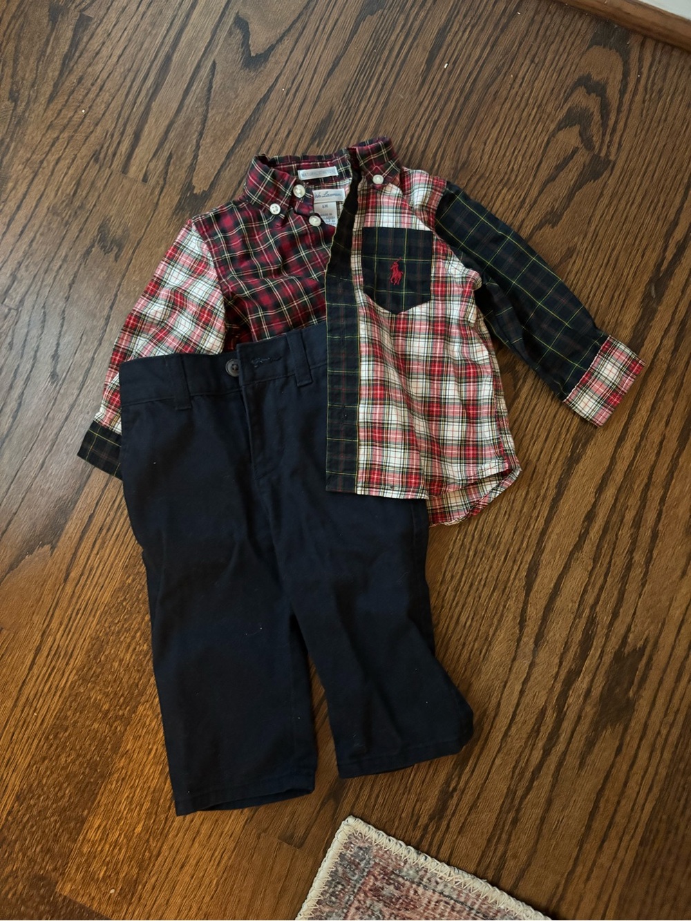 6 months Ralph Lauren Red & Green Plaid Button-Down with Navy Pants